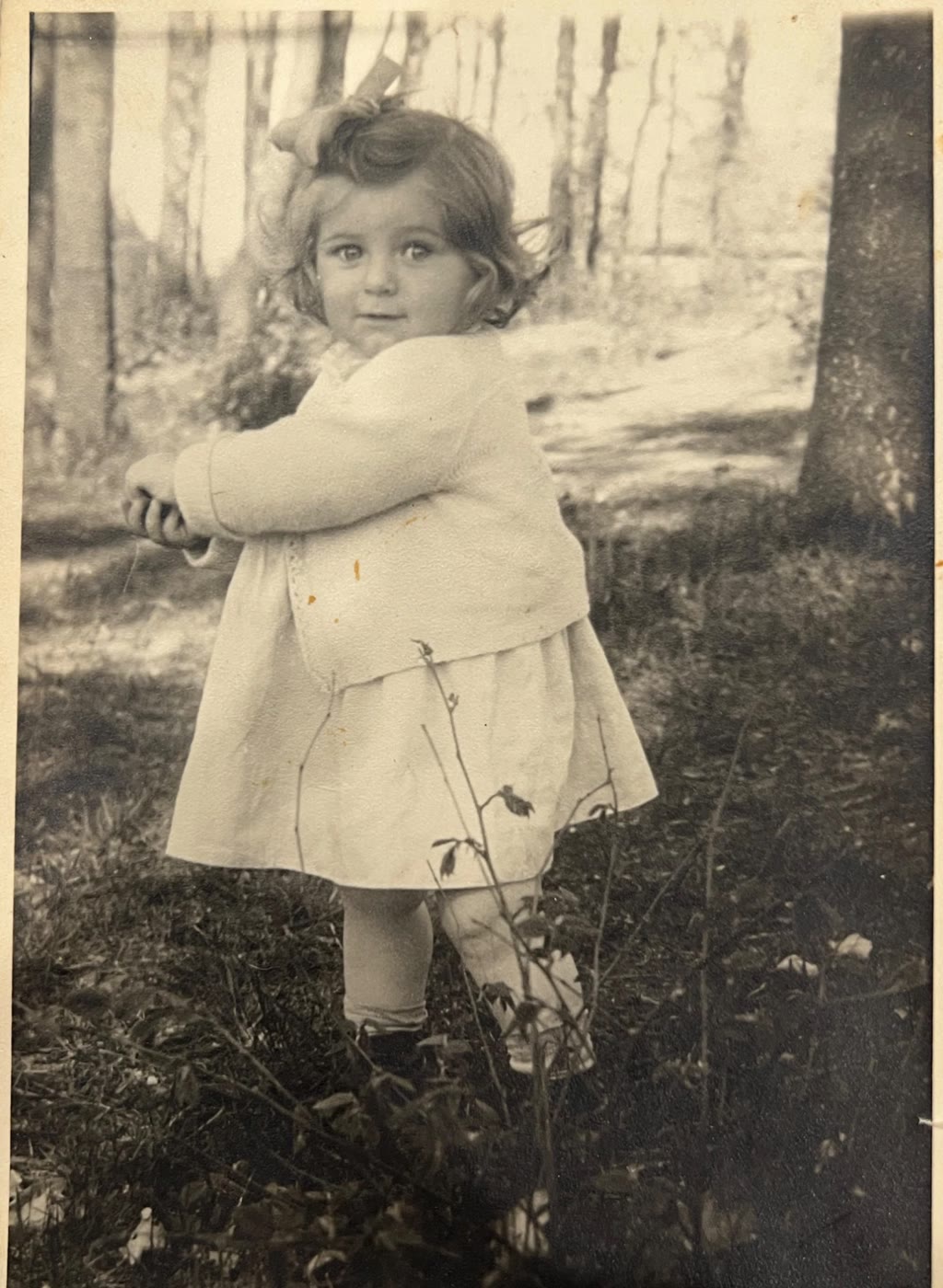 A small girl in a white dress and hair ribbon standing in a garden